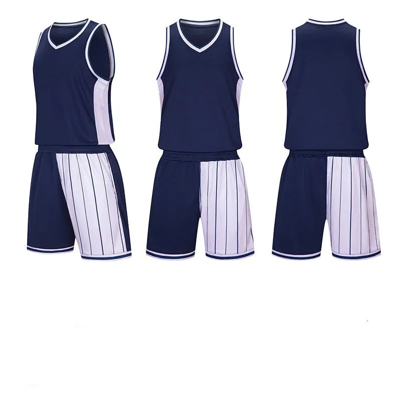 Men's basketball uniform set showing quick-dry top and shorts in blue, sizes M to 6XL.