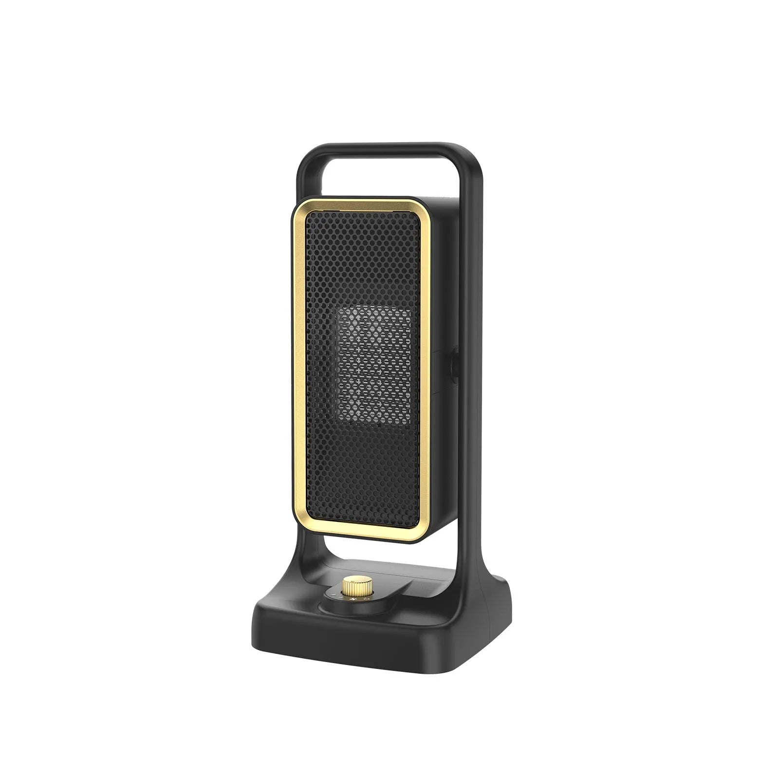 Black PTC ceramic desktop air heater with control knob and compact 14.9x11.1x33.5cm dimensions