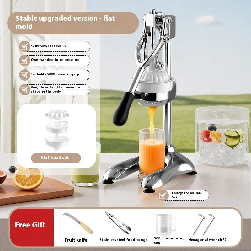 Commercial stainless steel manual citrus juicer with 480cm length on a countertop.