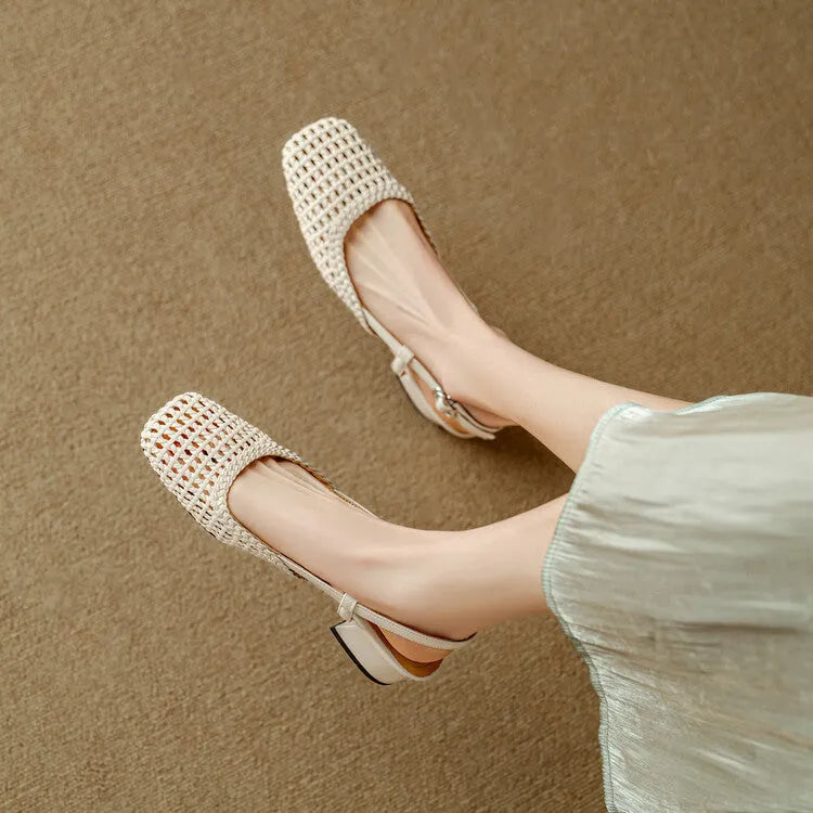 Women's beige woven hollow-out sandals with a square toe, chunky block heel, and adjustable ankle strap buckle.
