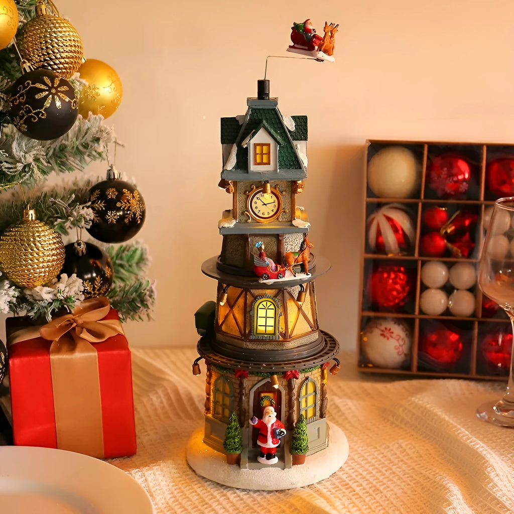 Christmas resin luminous rotating music box decoration 32cm bell tower design