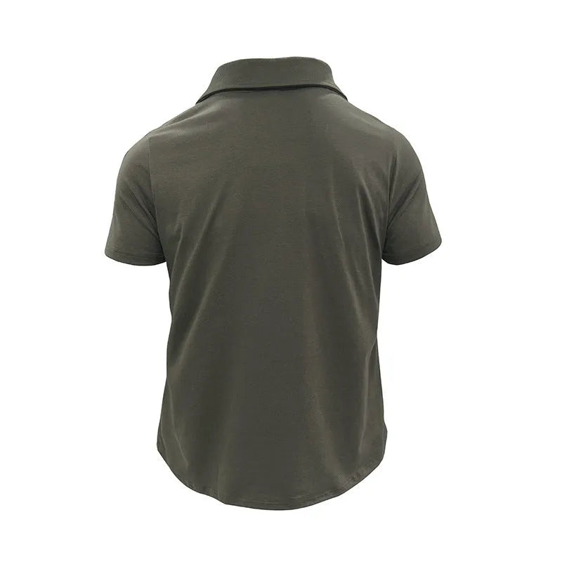 Summer lapel button polo shirt with pockets for men in army green colour, short sleeves, loose fit