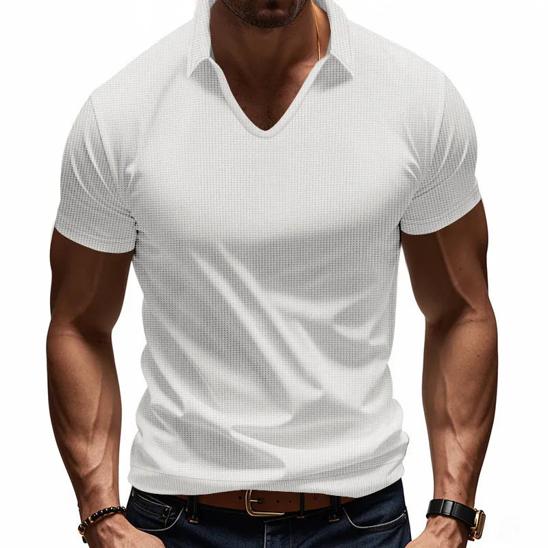 Men's loose fit V-neck short sleeve t-shirt in cotton blend fabric shown in multiple colour options