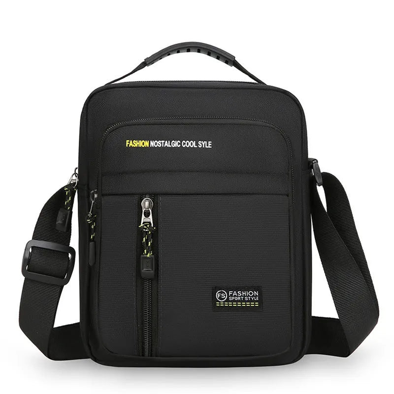 Men's casual outdoor nylon messenger bag in crossbody style with visible sewing details