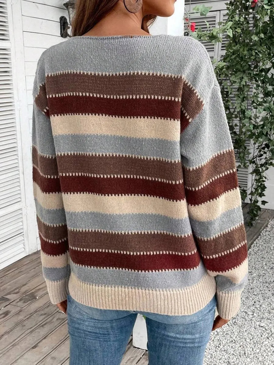 Women's colourblock striped polyester pullover sweater with long sleeves in black, blue and grey options