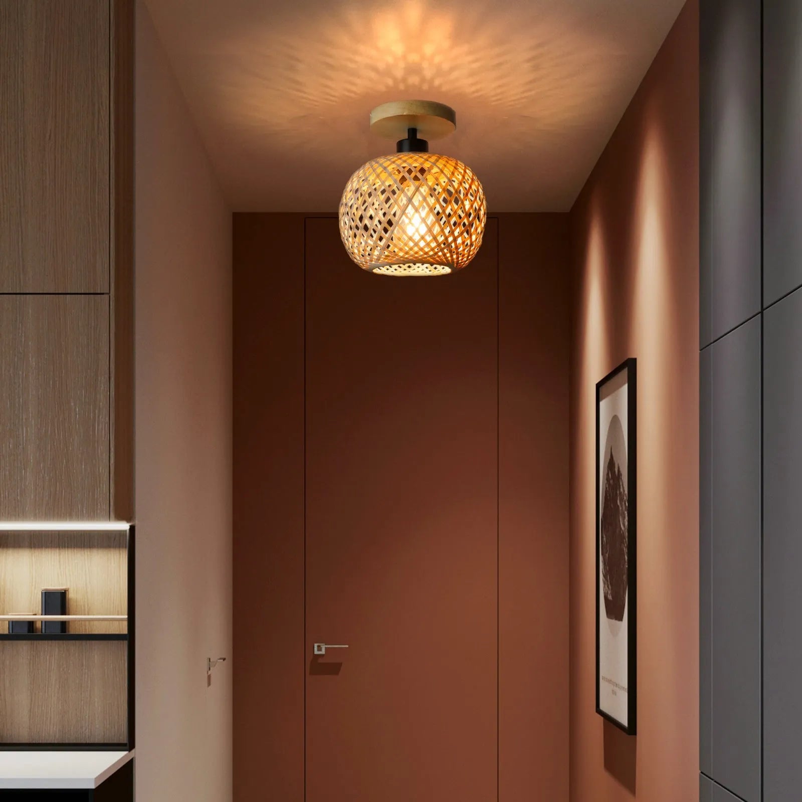 Japanese-style bamboo ceiling lamp with wood colour trim for corridor installation
