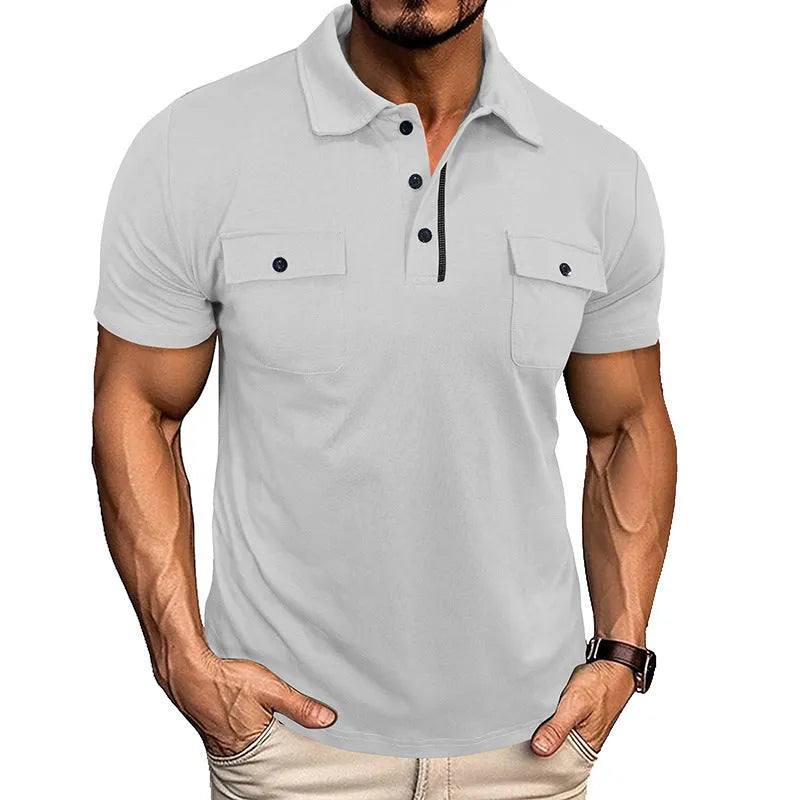 Summer lapel button polo shirt with pockets for men in army green colour, short sleeves, loose fit