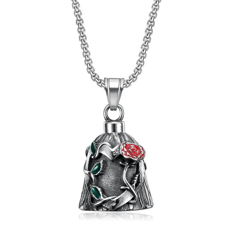 Titanium steel motorcycle lucky bell pendant with geometric shape and double-sided epoxy rose design