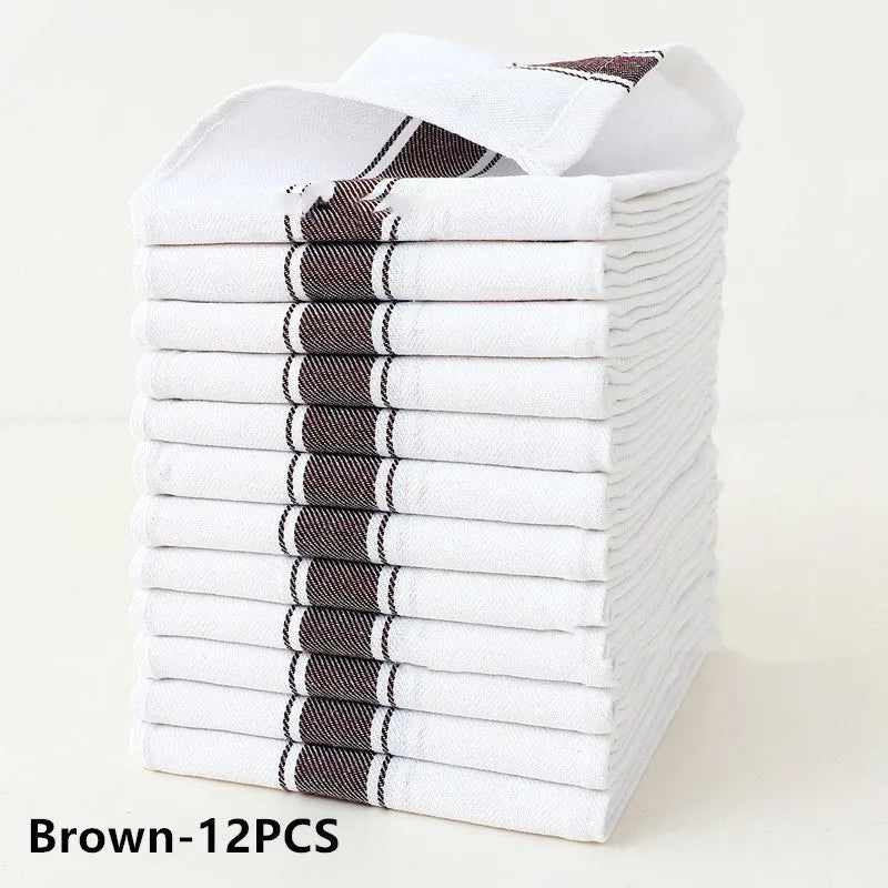 Cotton striped dishwashing towels measuring 48x70 cm in a 12-pack set showing colour variations