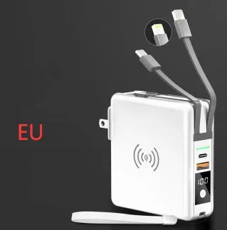 Black and white 10000mAh power bank with QI wireless charging and a set of international plug adapters