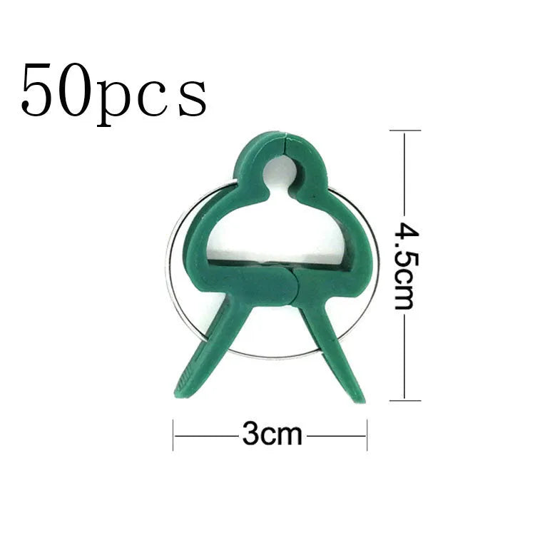 Green plastic and zinc plant fixing clips for supporting tomato vines and climbing plants in the garden.