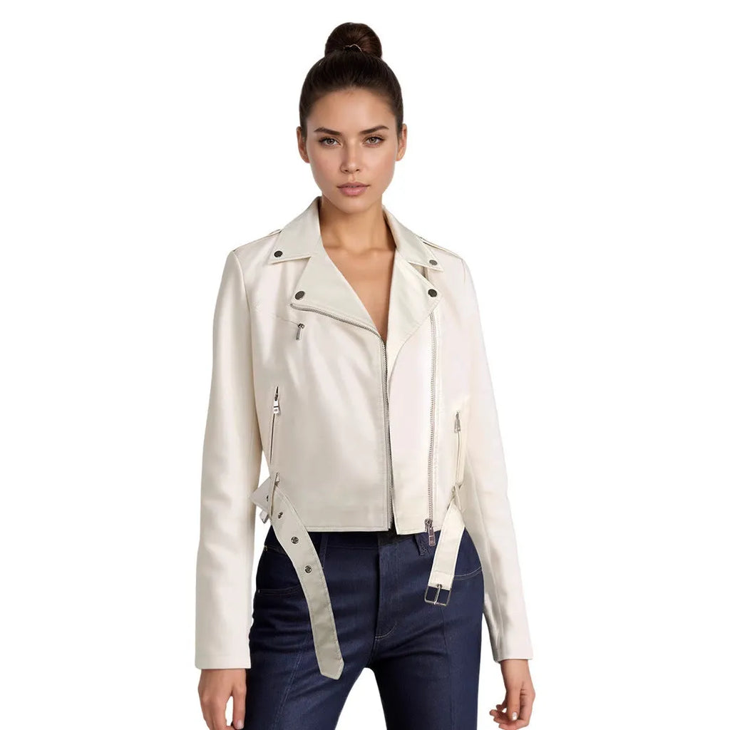 Women's black PU leather motorcycle jacket with a lapel collar and an adjustable short belt.