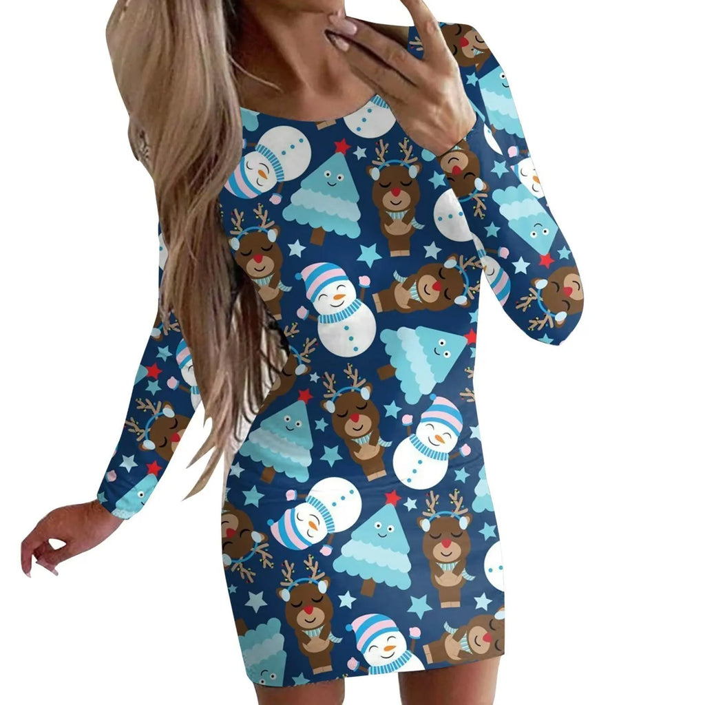 Christmas printed floral pattern dress with round neck and long sleeves in tight fit