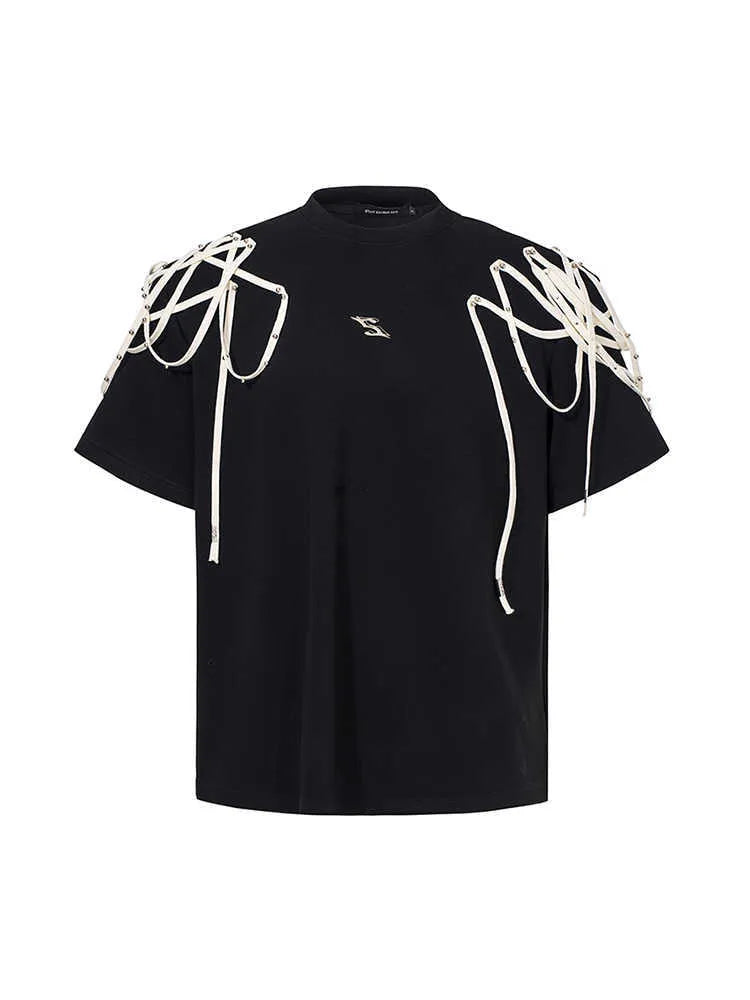 Black loose fit T-shirt with padded shoulders featuring rivet ribbon decoration and short sleeves