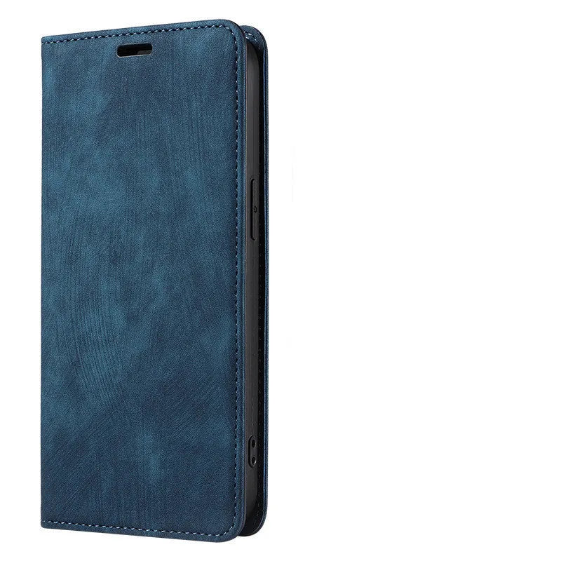 Magnetic flip phone case in leather and TPU for iPhone, shown in grey colour.