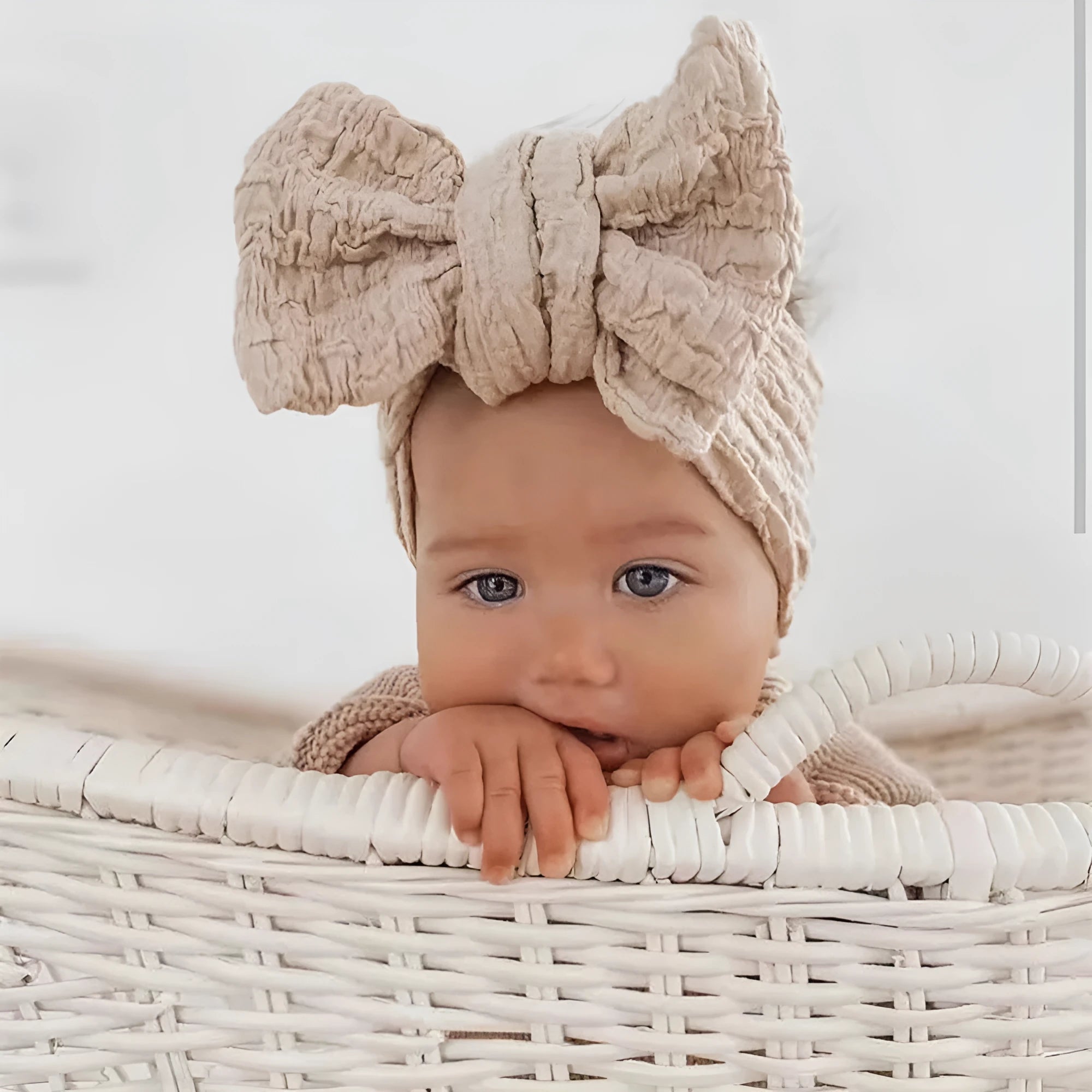 DIY Bowknot Kids Headband – woven cloth, high elastic, plaid pattern, children's hairband in beige
