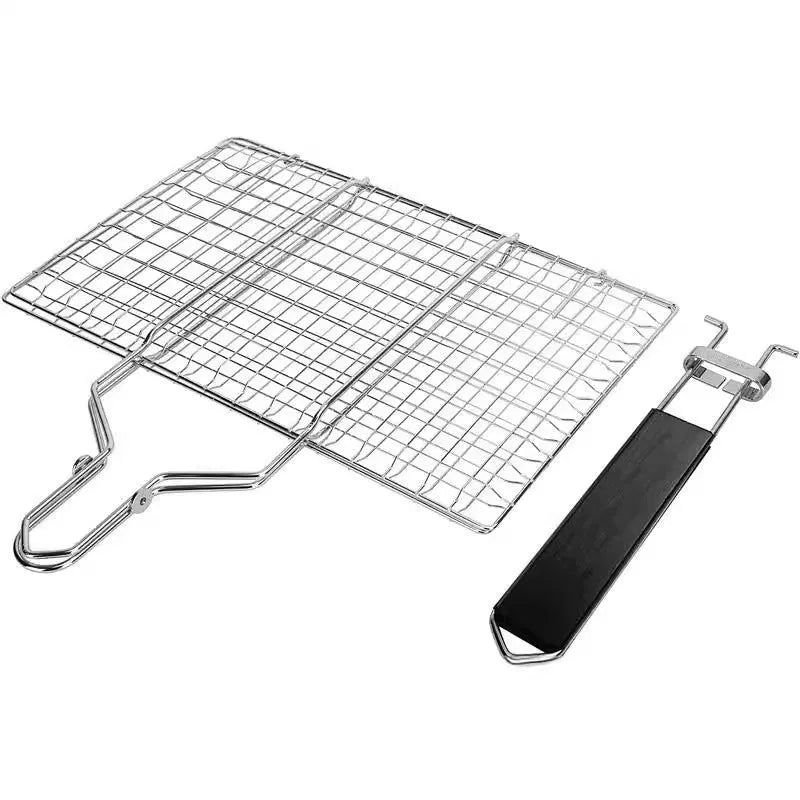 Stainless steel square barbecue grill mesh basket with a folding frame and a cleaning brush.