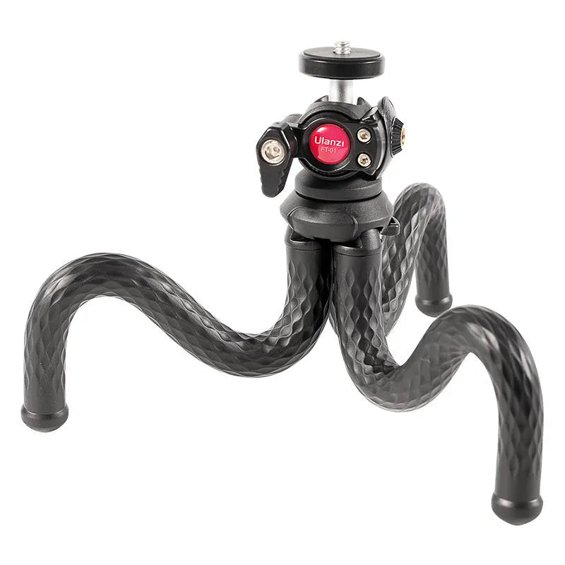 Black octopus-leg mobile phone tripod set with extended aluminium centre column and attached phone clip.