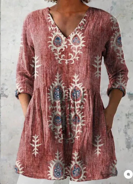 Women's printed wave pattern loose dress with wide waist and 3/4 length sleeves.