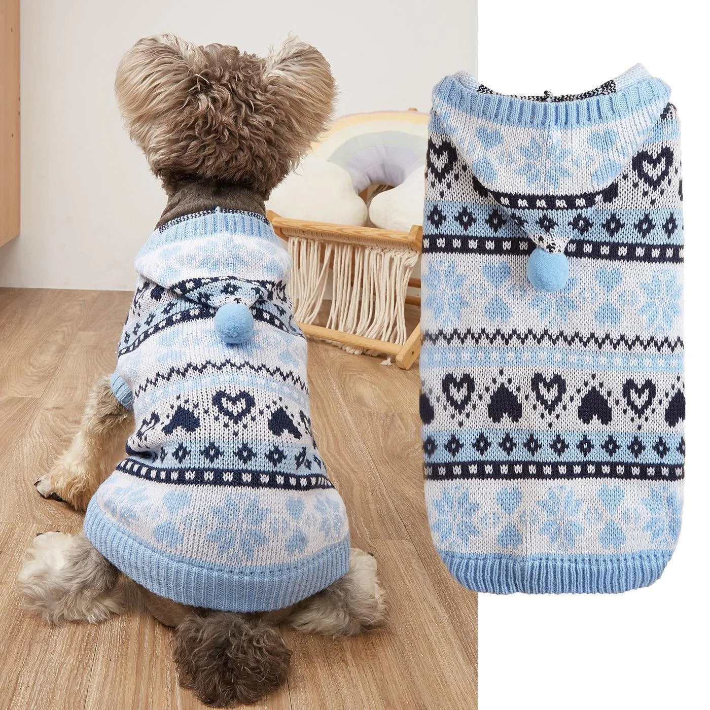Pink striped camouflage knitted sweater on a small white Bichon Frise dog