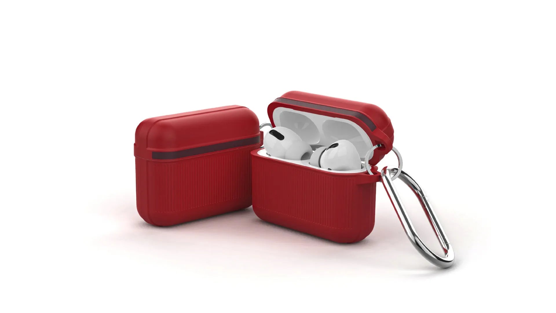 Silicone clamshell protective case for Apple AirPods in various colours showing split design and metal buckle.