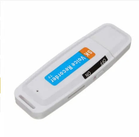 SK-001 black and white USB flash drive with voice recording function showing front and side views