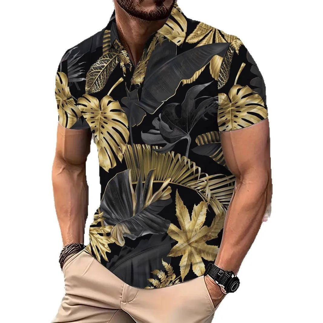 Gold tropical plant pattern printed on men's short sleeve polyester summer shirt