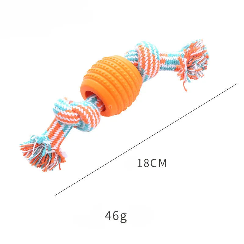 Blue molar-shaped dog chew toy with rope attachments for dental care and chewing