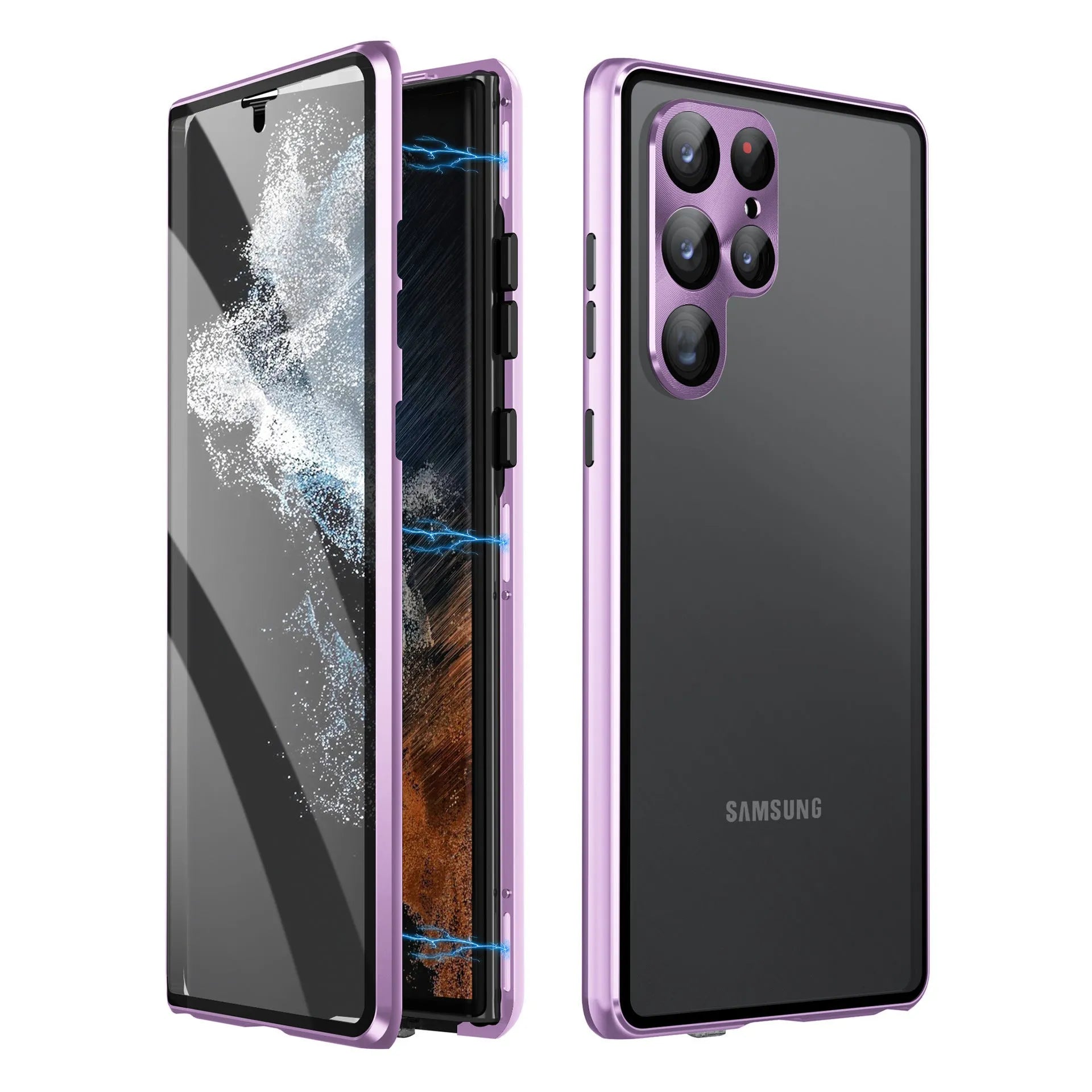 Metal magnetic phone case with peep-proof mirror for Samsung S24 Ultra in black colour.