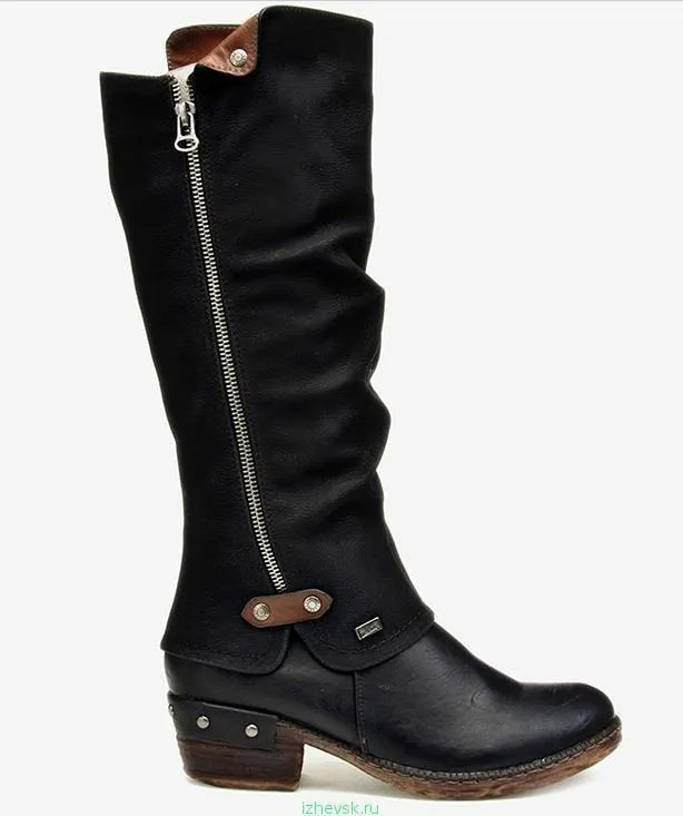 Women's high heel booties with round toe and rough heel in artificial PU – black colour side view
