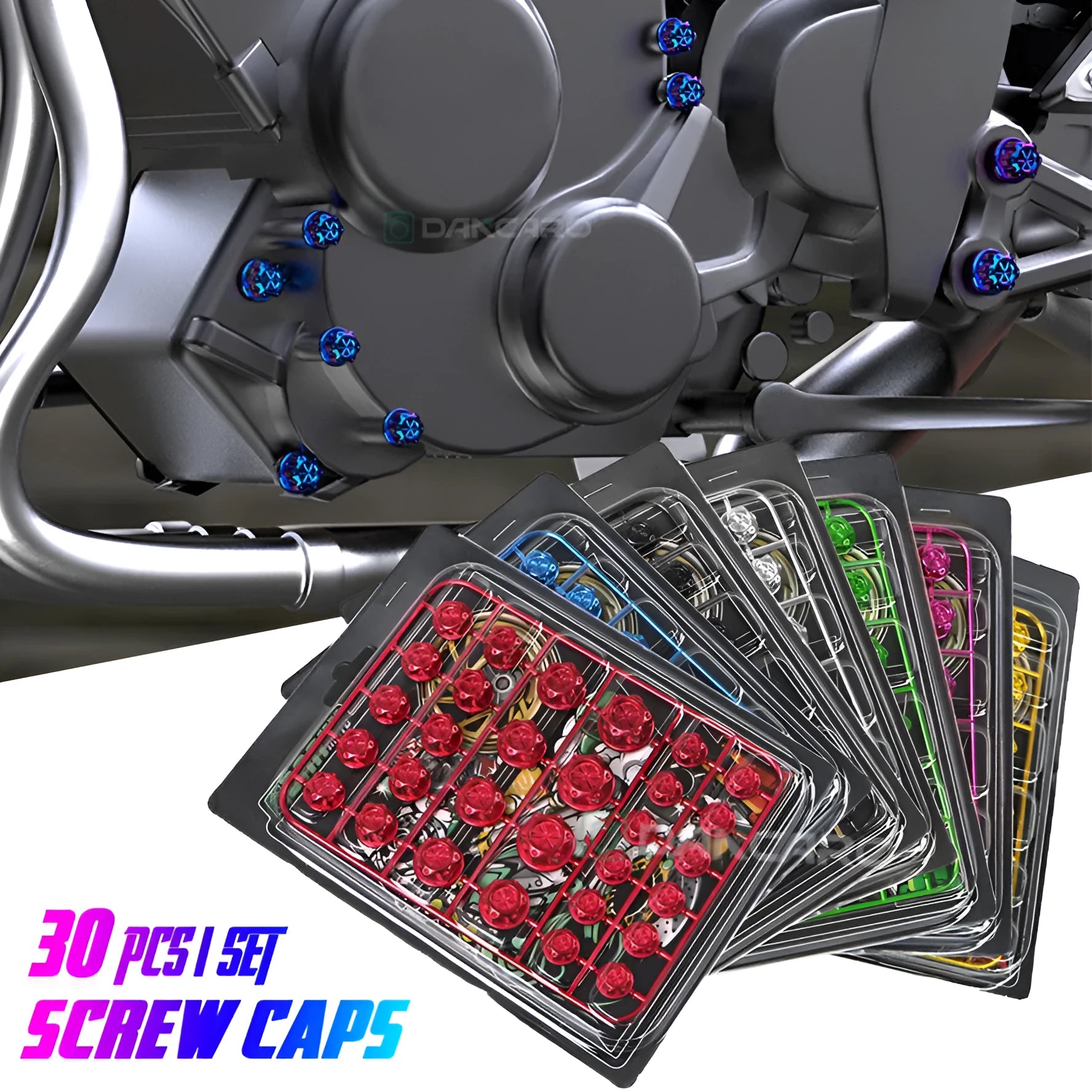 Set of 30 ABS plastic motorcycle screw caps in eight different colours including red, blue, gold and silver