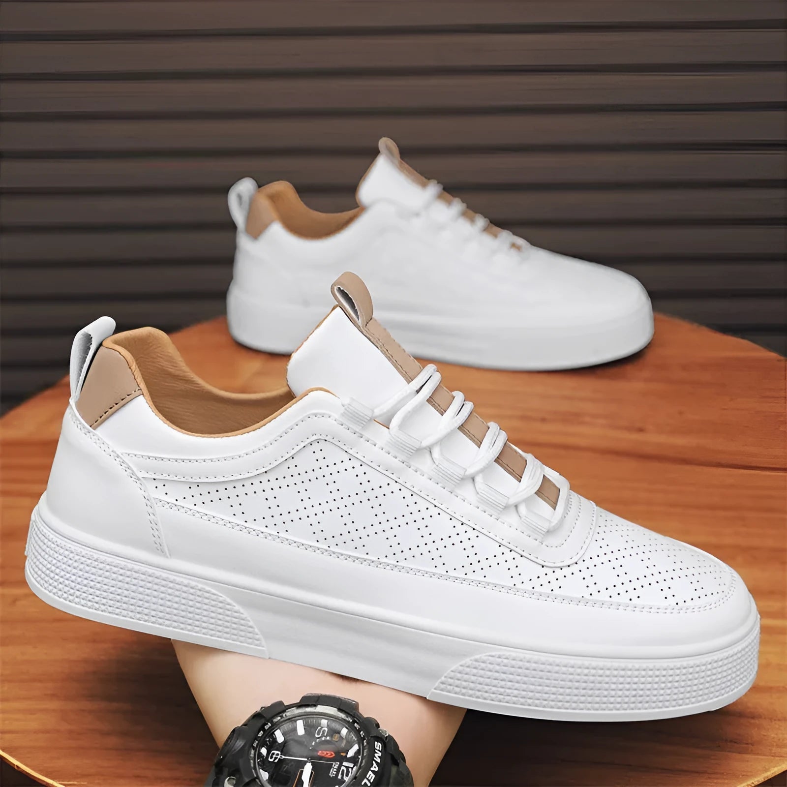 White and white khaki casual board shoes with thick bottom and lace-up closure