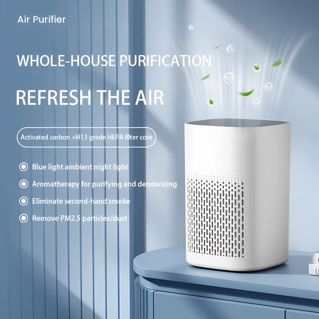 Simple style USB desktop air purifier and deodorant machine with panel heating on a desk.