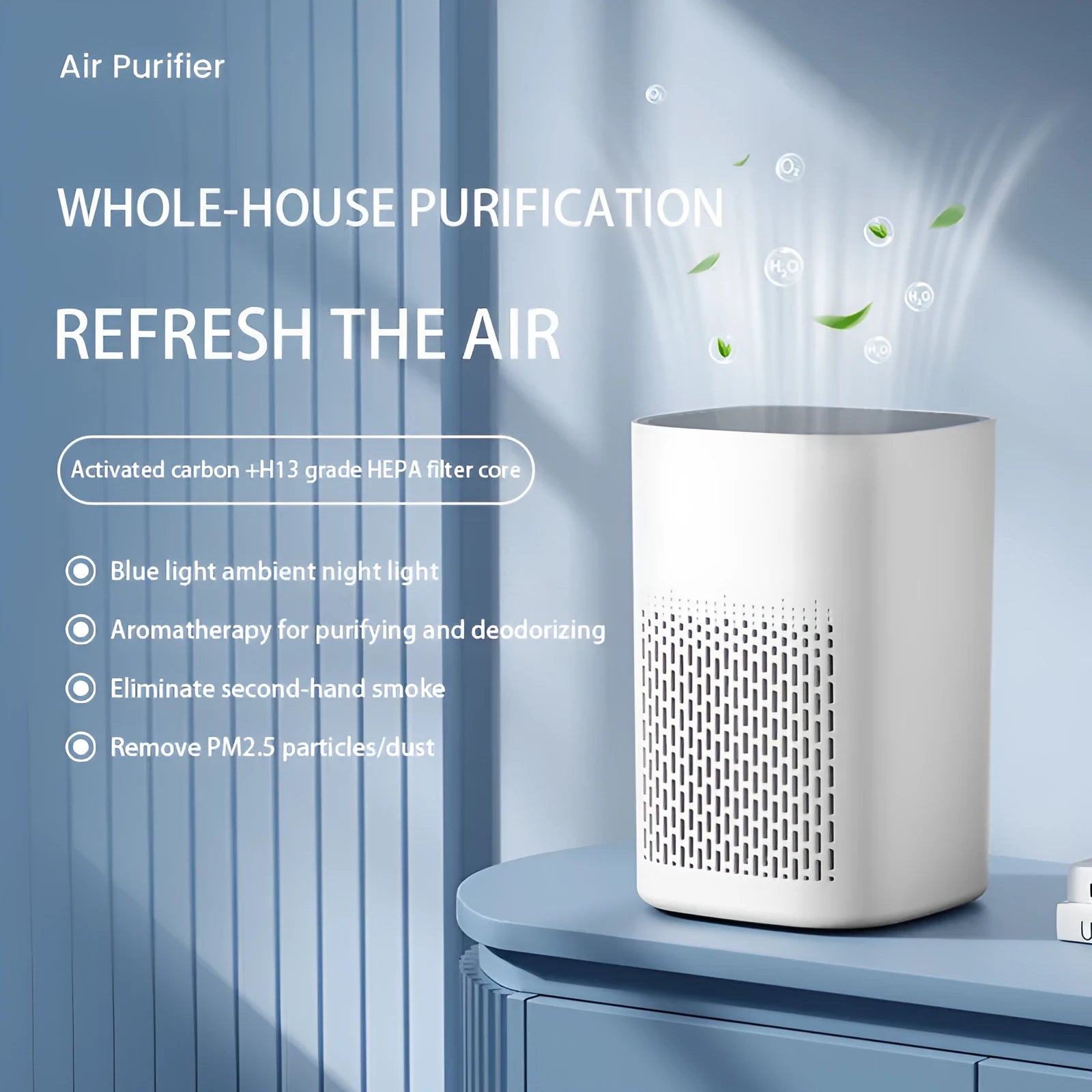 Simple style USB desktop air purifier and deodorant machine with panel heating on a desk.