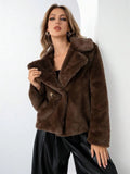Women's artificial fur coat in rose red colour with regular sleeves on a hanger.