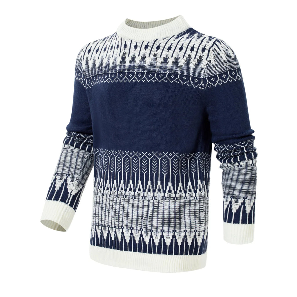 Men's knitted long-sleeve pullover sweater shown in multiple sizes and style variations.