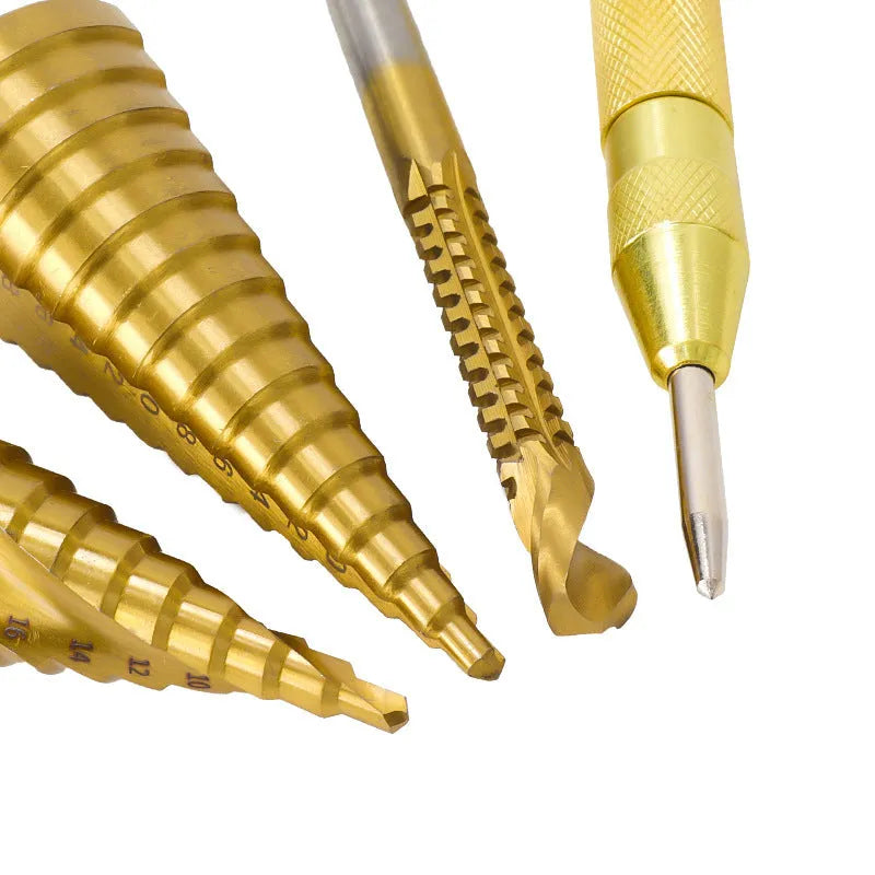 High-speed steel step drill bits and centre punch set for metalworking with colour-coded organisation