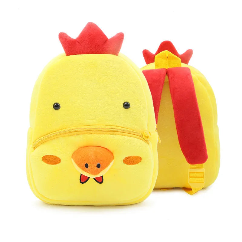 Plush animal backpack for children with zipper closure measuring 26x24x10cm
