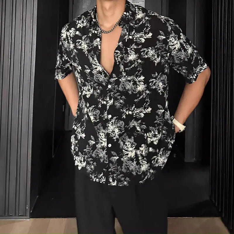 Short sleeve floral print shirt in black or white with loose casual fit
