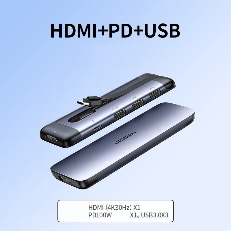 Black USB-C docking station hub showing multiple ports including HDMI, USB, and ethernet, with a short connecting cable.