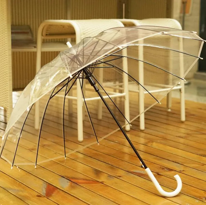 Big long handle transparent umbrella with 16 ribs, POE fabric canopy, ABS plastic handle, and black steel skeleton in black colour