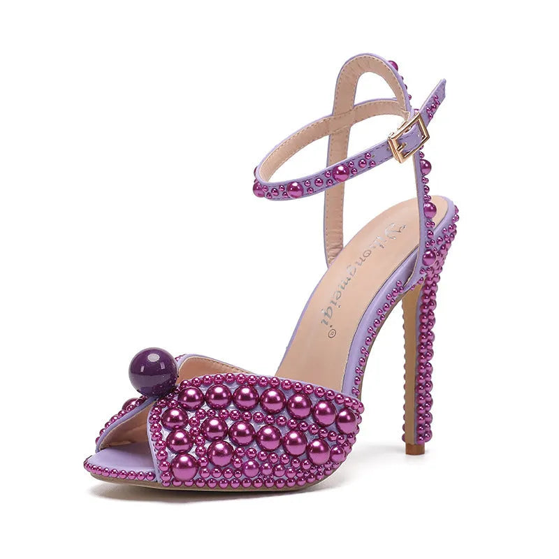 New peep-toe shallow mouth rhinestone pearl woman high-heeled shoes in beige