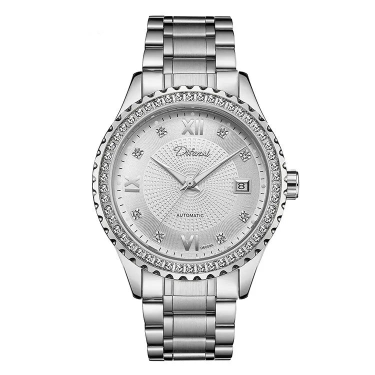 Men's gold or silver automatic mechanical watch with luminous hands, waterproof design, and black or white dial.