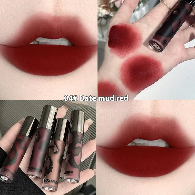 Lava Secret Matte Lip Mud Lipstick in five colour shades showing no-stain matte formula.