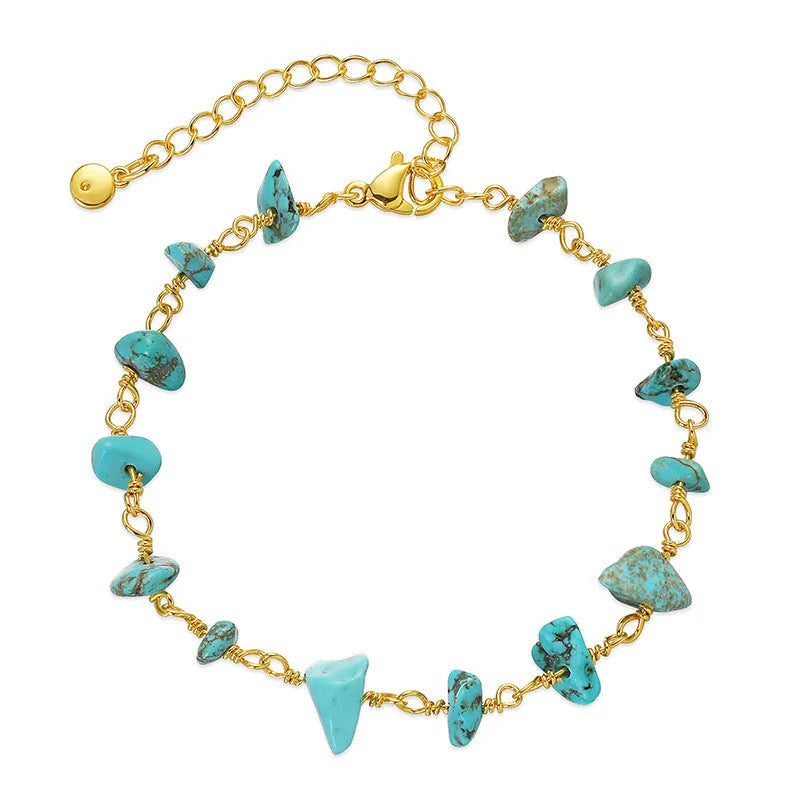 Women's 18K copper bracelet with irregular natural gravel turquoise geometry and crystal elements