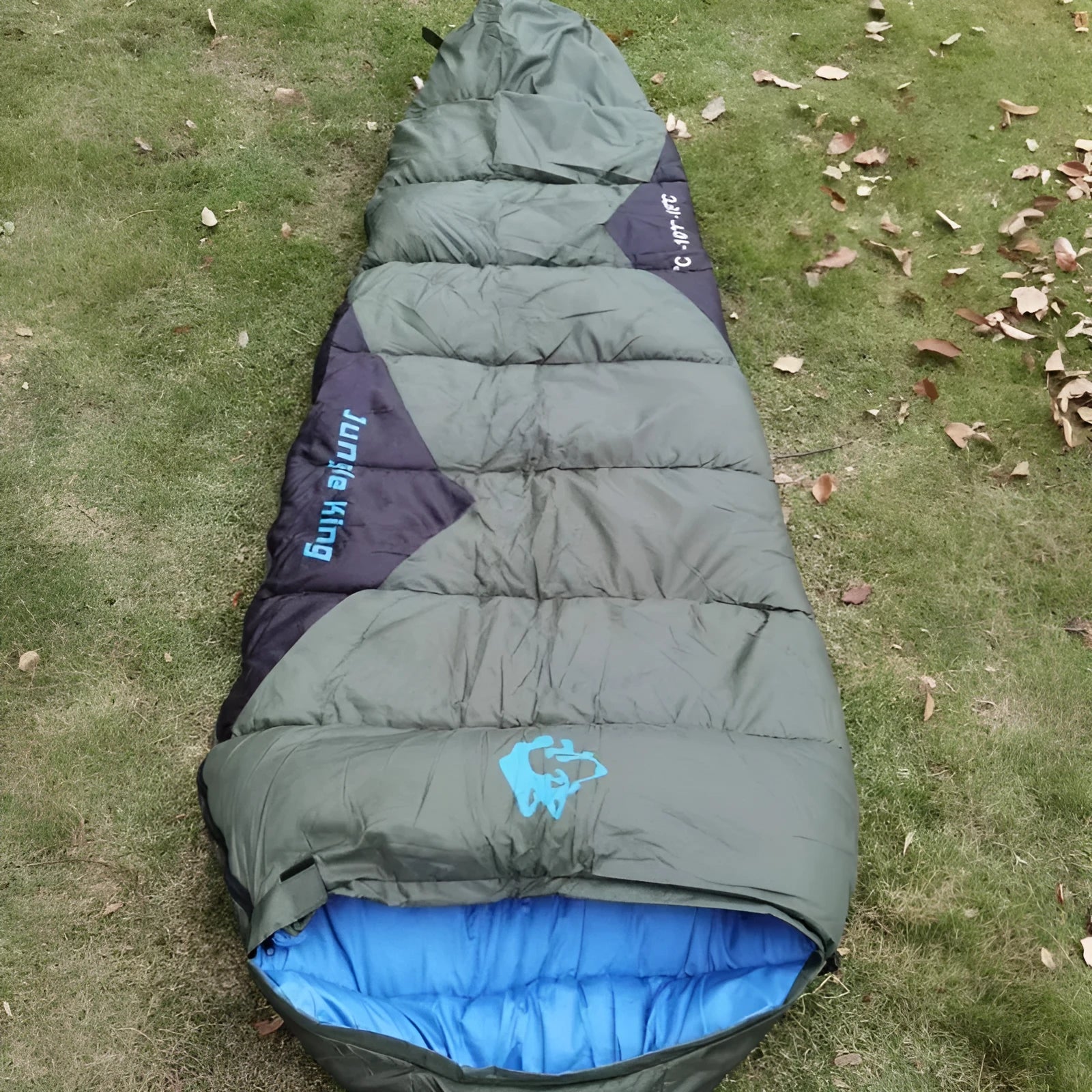 Mummy sleeping bag compressed in storage bag with colour options including army green, brown, red, and yellow