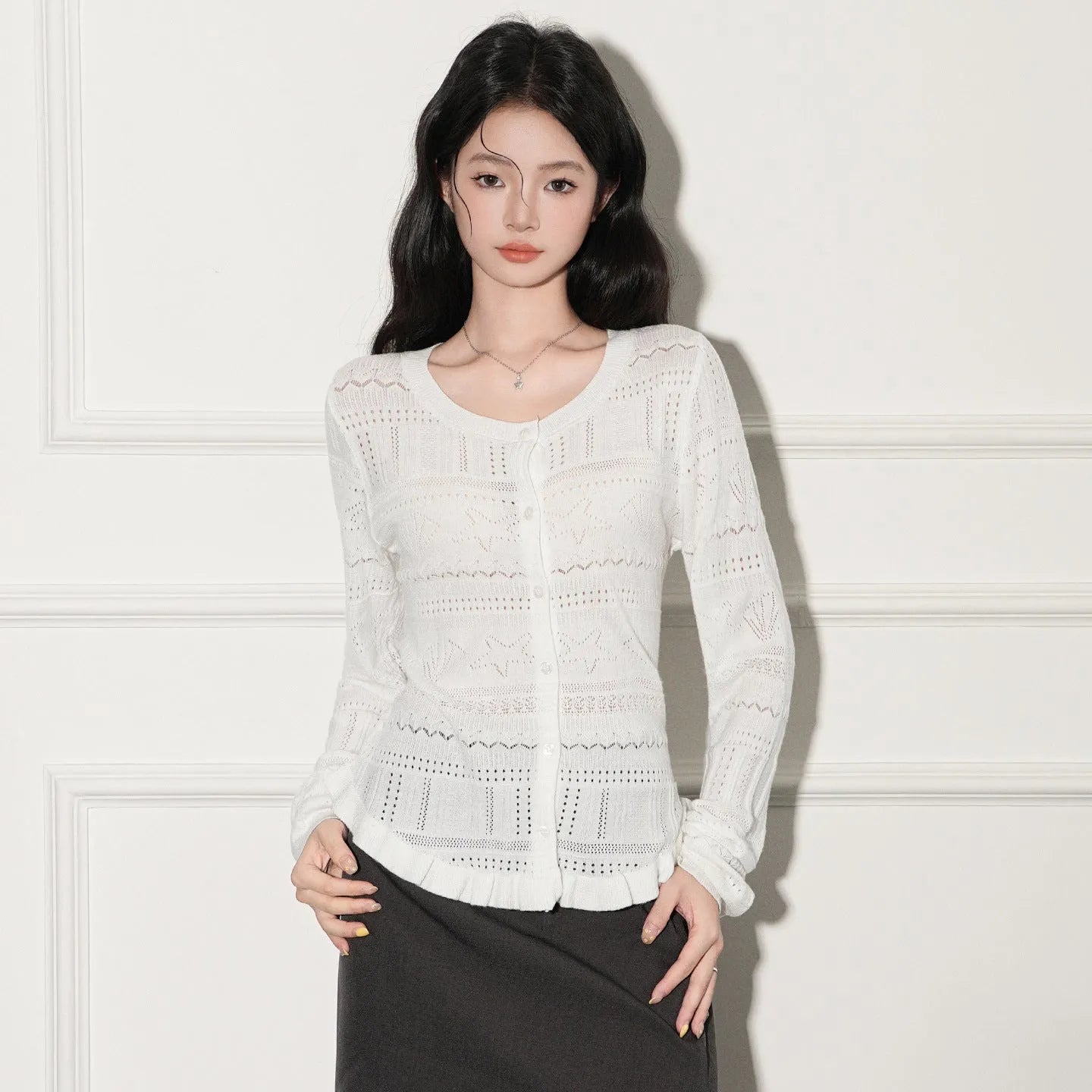 White hollow-out knit cardigan pullover slim fit women's regular length long sleeves