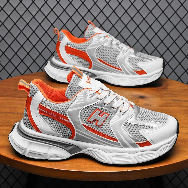 Men's white orange mesh casual running shoes with round toe and plastic sole