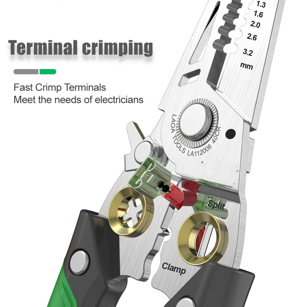 Stainless steel 7 in 1 wire stripper tool with two-colour handle and straight design.