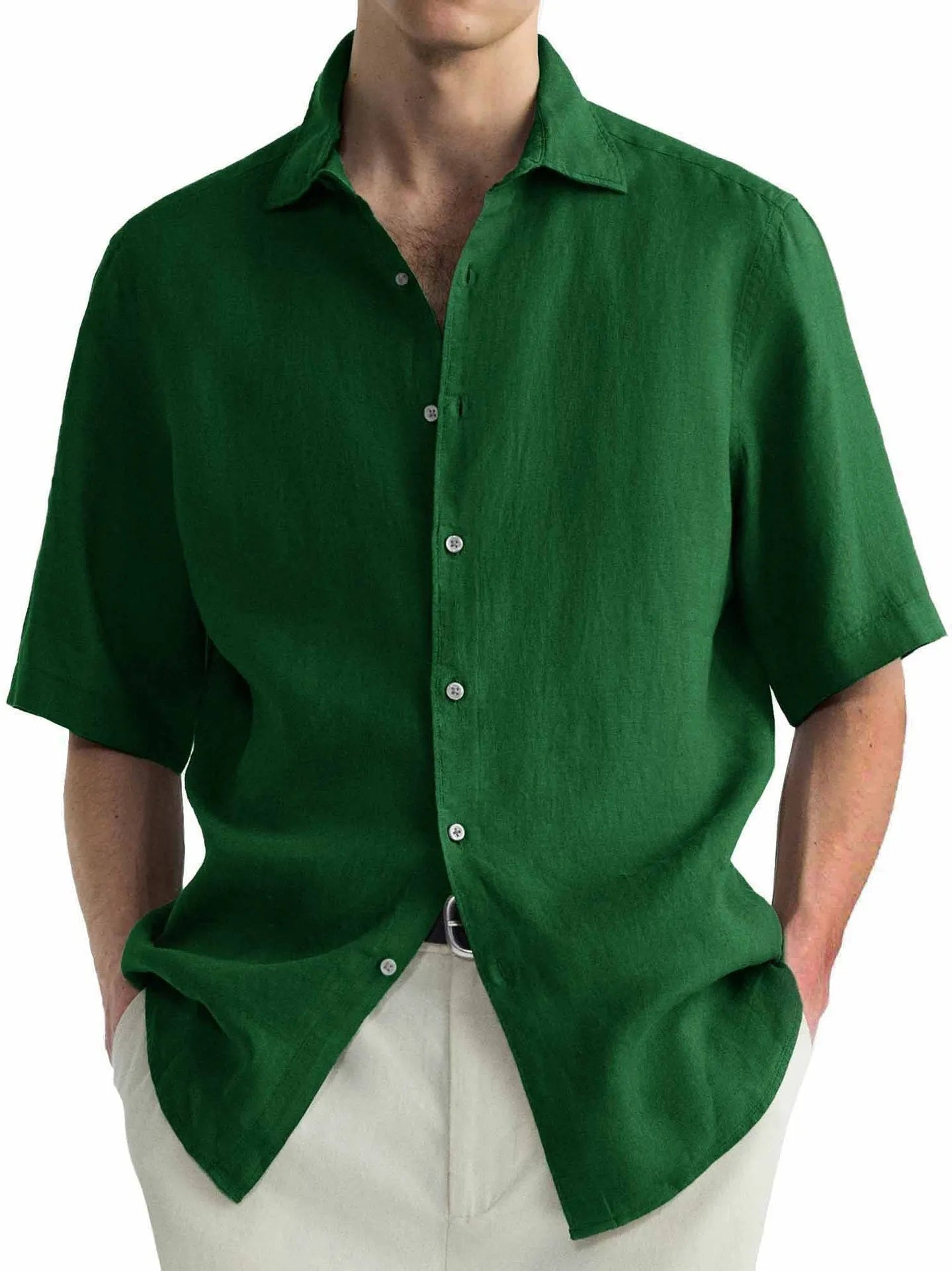 Men's green pure cotton casual shirt with cardogan-style collar regular fit